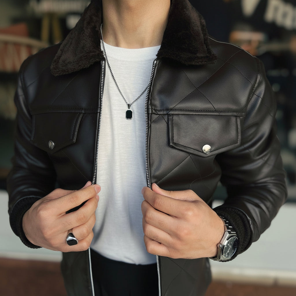 HOLLYWOOD-STYLE COFFEE BROWN DIAMOND-CUT LEATHER JACKET