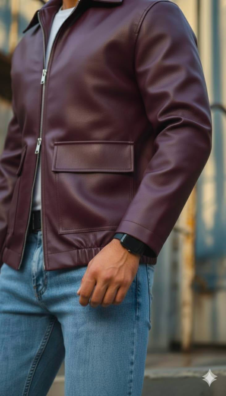 Men’s Burgundy Leather Bomber Jacket