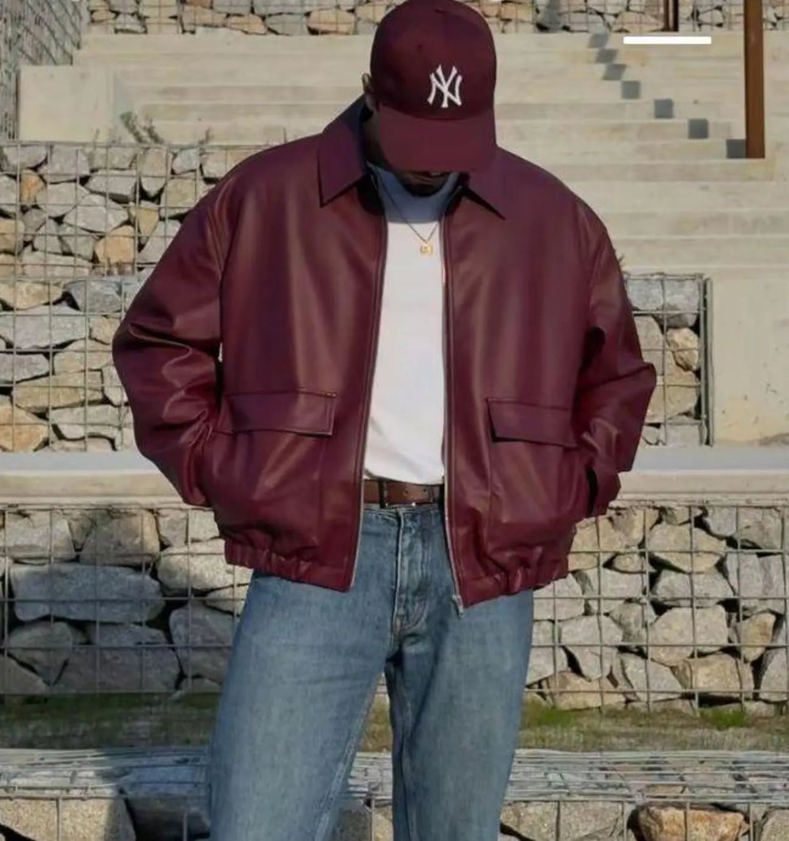 Men’s Burgundy Leather Bomber Jacket